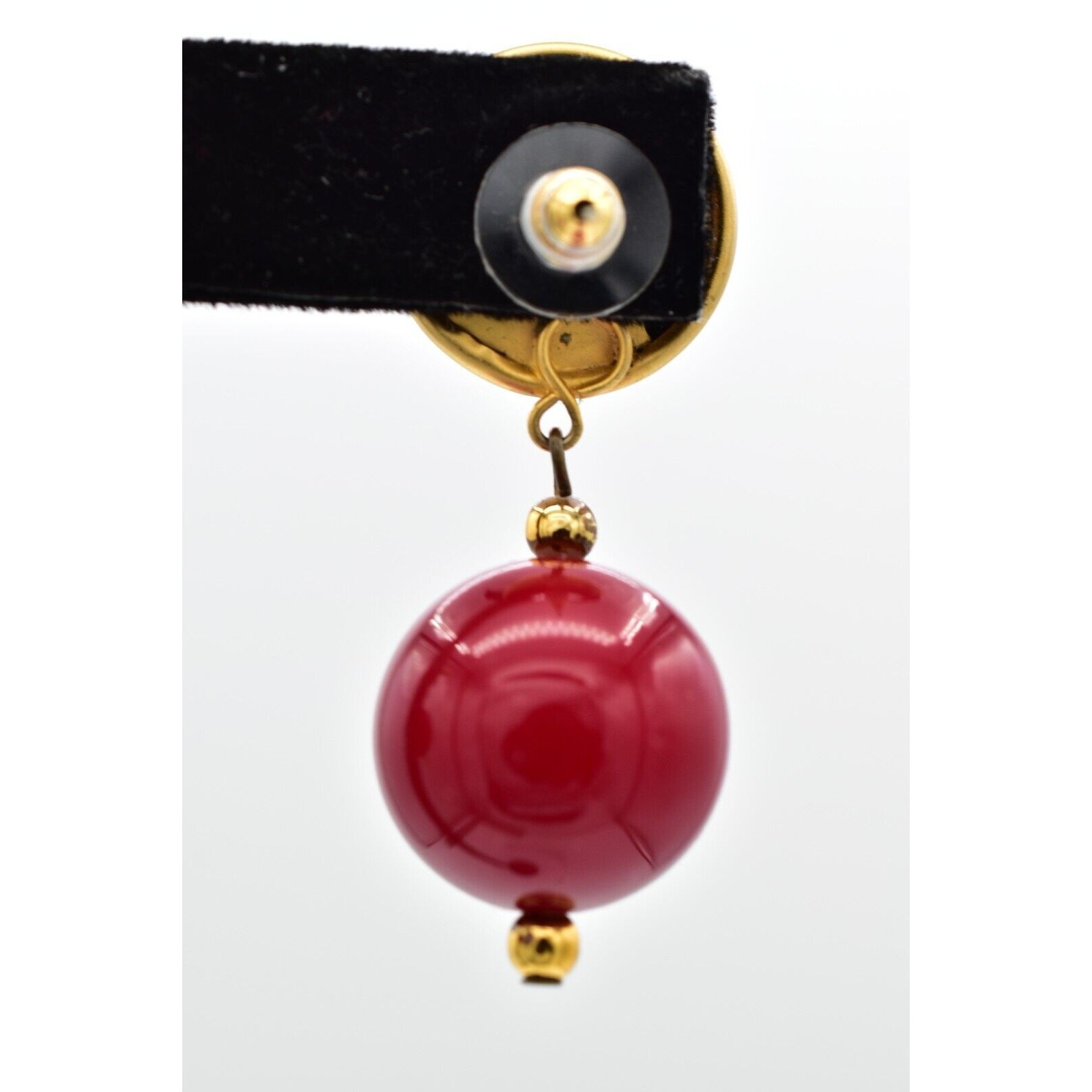 Vintage Dangle Beaded Earrings Chunky Drop Brushed Gold Red Retro 1980s BinBF