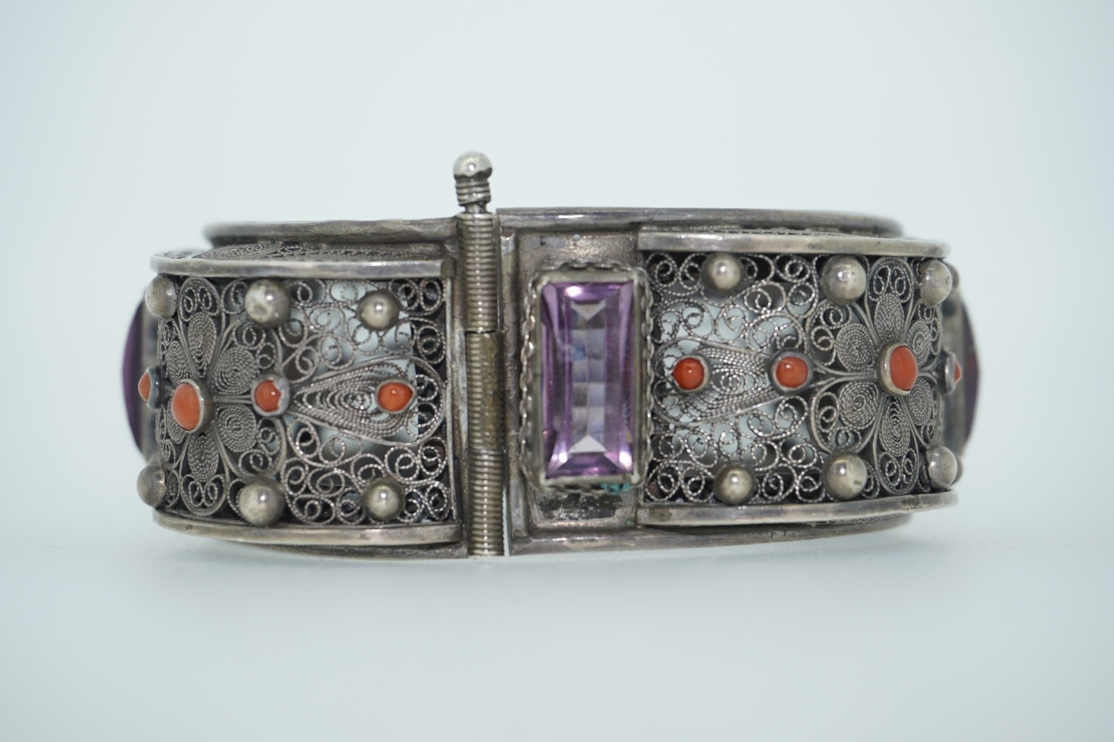 Vintage 800 Cannetille Coral & Amethyst Glass Bracelet