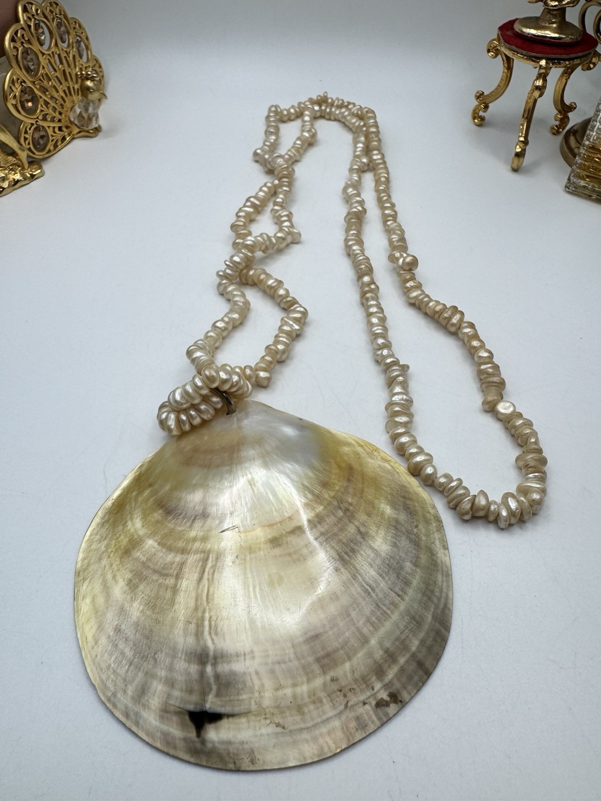 Chunky And Long Necklace Freshwater Pearl And Mother of Pearl Shell Pendant