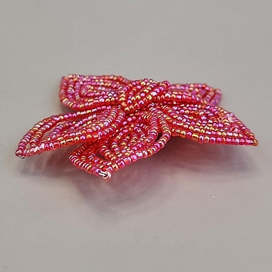 Vintage Seed Bead Flower Brooch AB Red Wired Glass 2.75″
