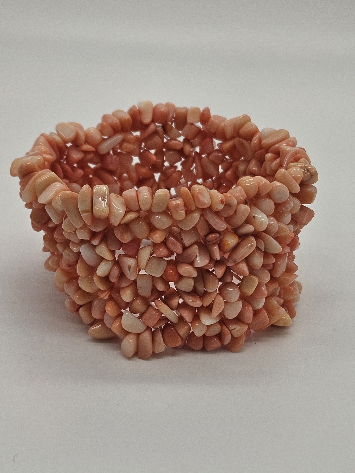 Vintage Pink Coral Wide Band Stretch Bracelet W/ Free-Shape Tumbled Stones