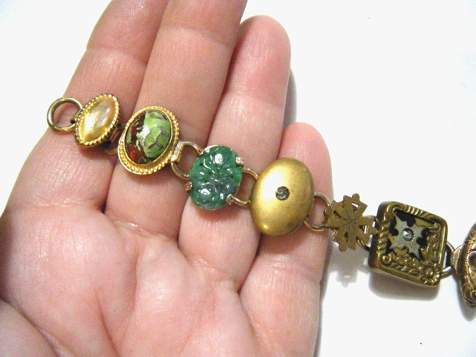 7 3/4″ Long Real Antique Buttons Bracelet Gold Fill Bloodstone Jade Seed Pearls