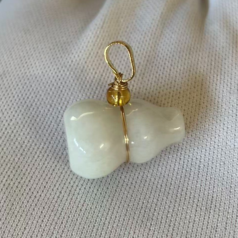 Burmese White Jade Jadeite Pendant Charm Carved ‘Gourd’, 20x13mm, Free Necklace