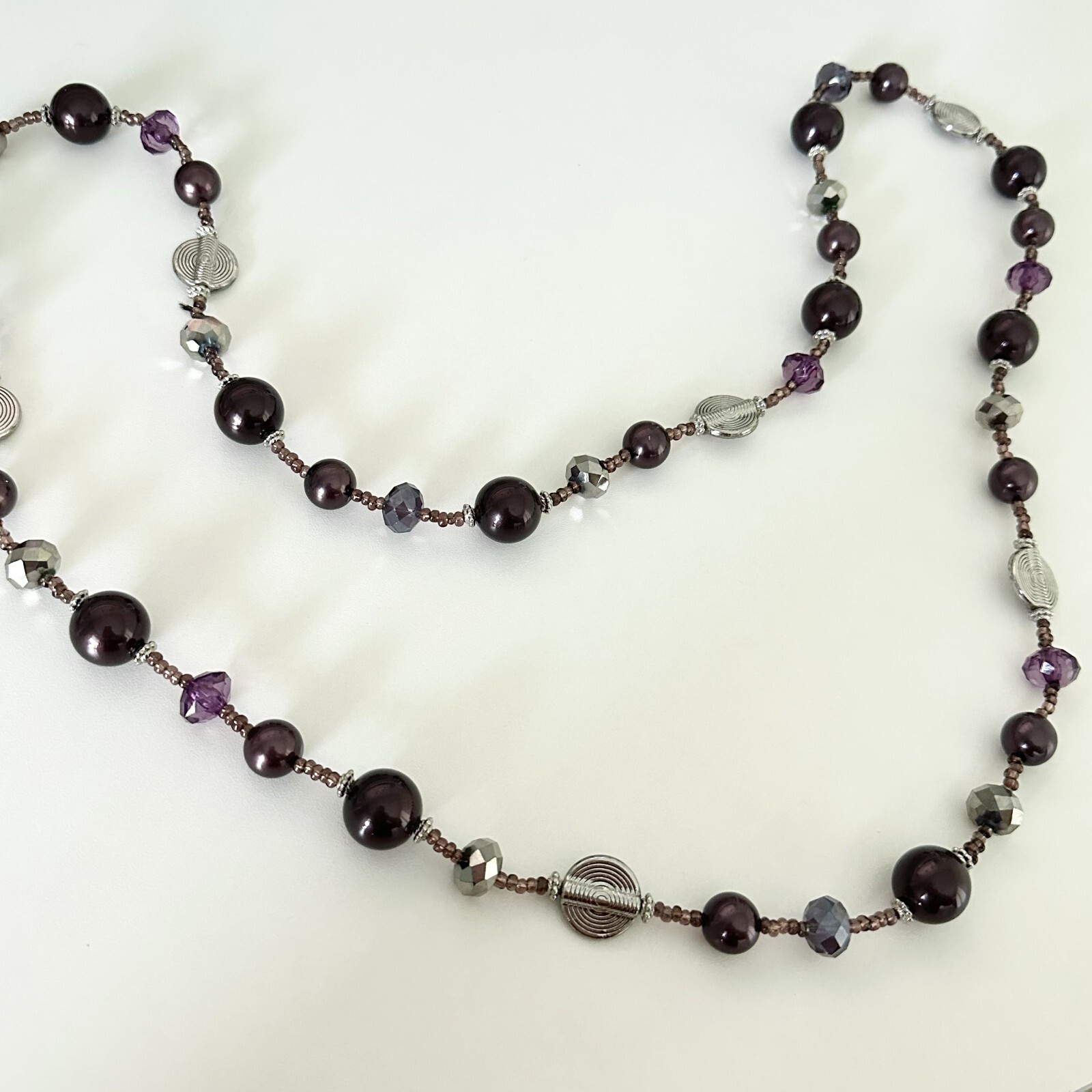 Vintage Purple & Silver Faceted Crystal Plum Acrylic Beaded Long Necklace 42″
