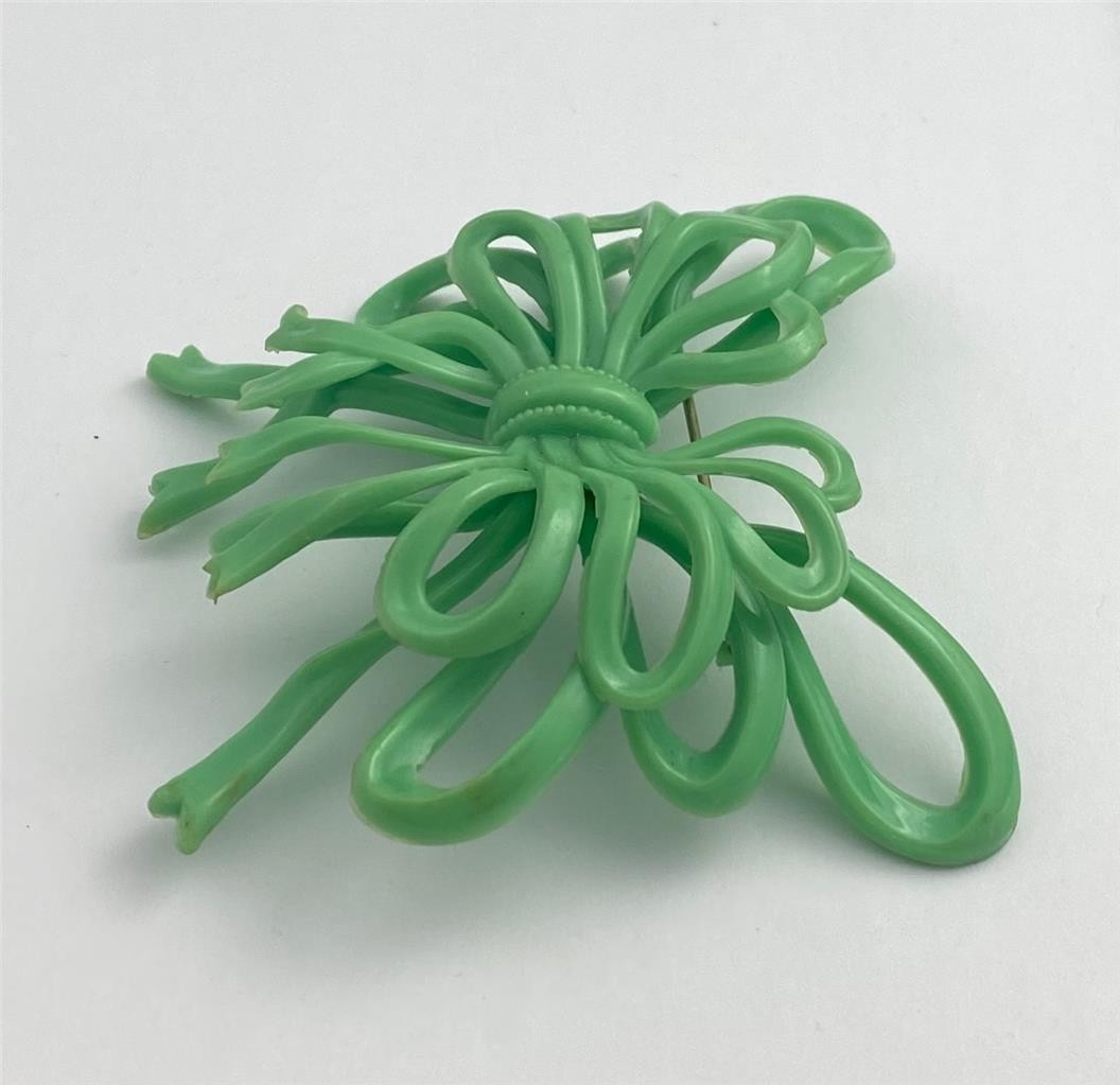 Vintage 1940’s Mint Green Celluloid Bow Ribbon Brooch Pin