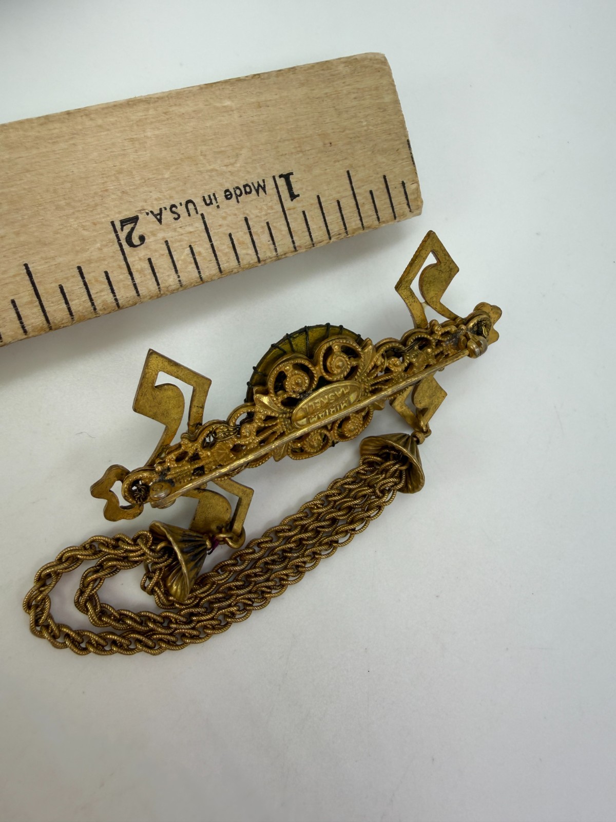 Vintage Brooch Miriam Haskell Brass Pink Green Glass Swag Festoon Signed PJ