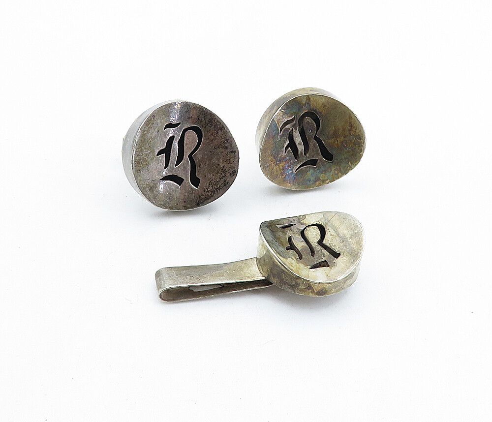 MEXICO 925 Sterling Silver Vintage Concave Cuff Links & Tie Clip Set TR1226