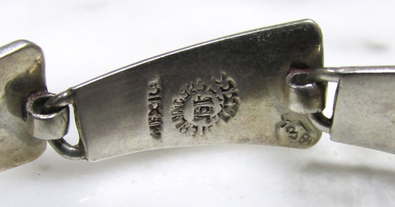 Taxco Sterling Silver Blue Enamel Design Link Bracelet ~ 7-1/4″ ~ 21g ~ 5-C436