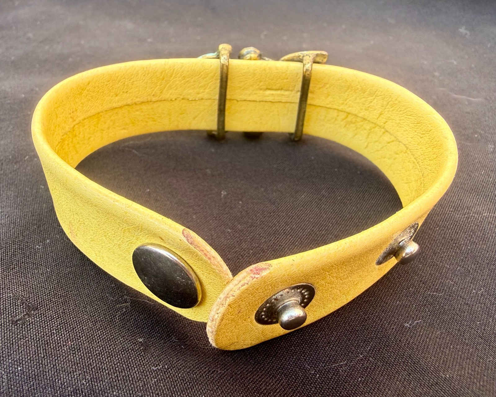 Vintage Yellow Leather Snap Cuff Band with enamel and rhinestone floral cluster