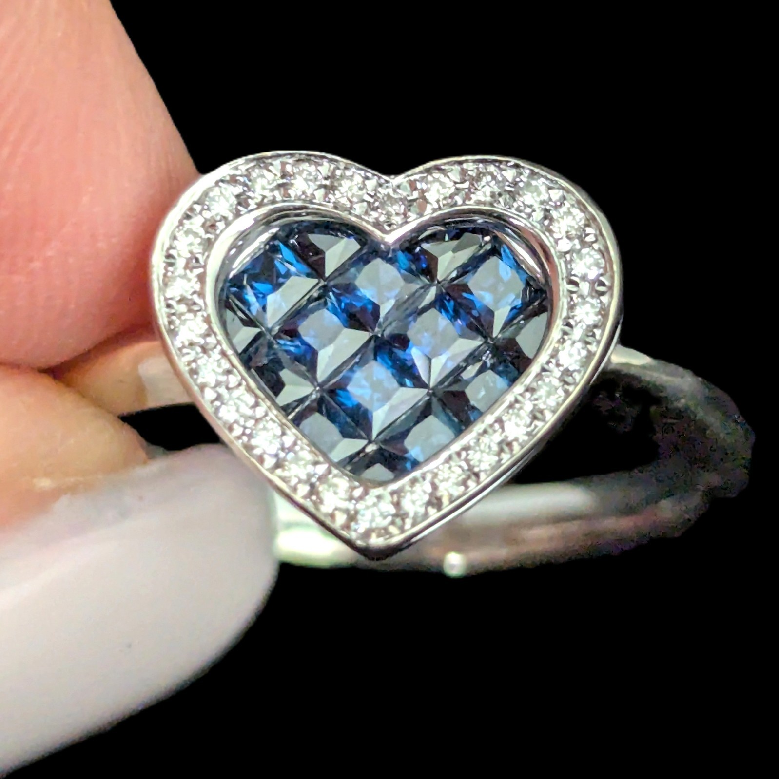 Estate Invisible Set Sapphires Diamonds 14k White Gold Heart Ring William Lam Co