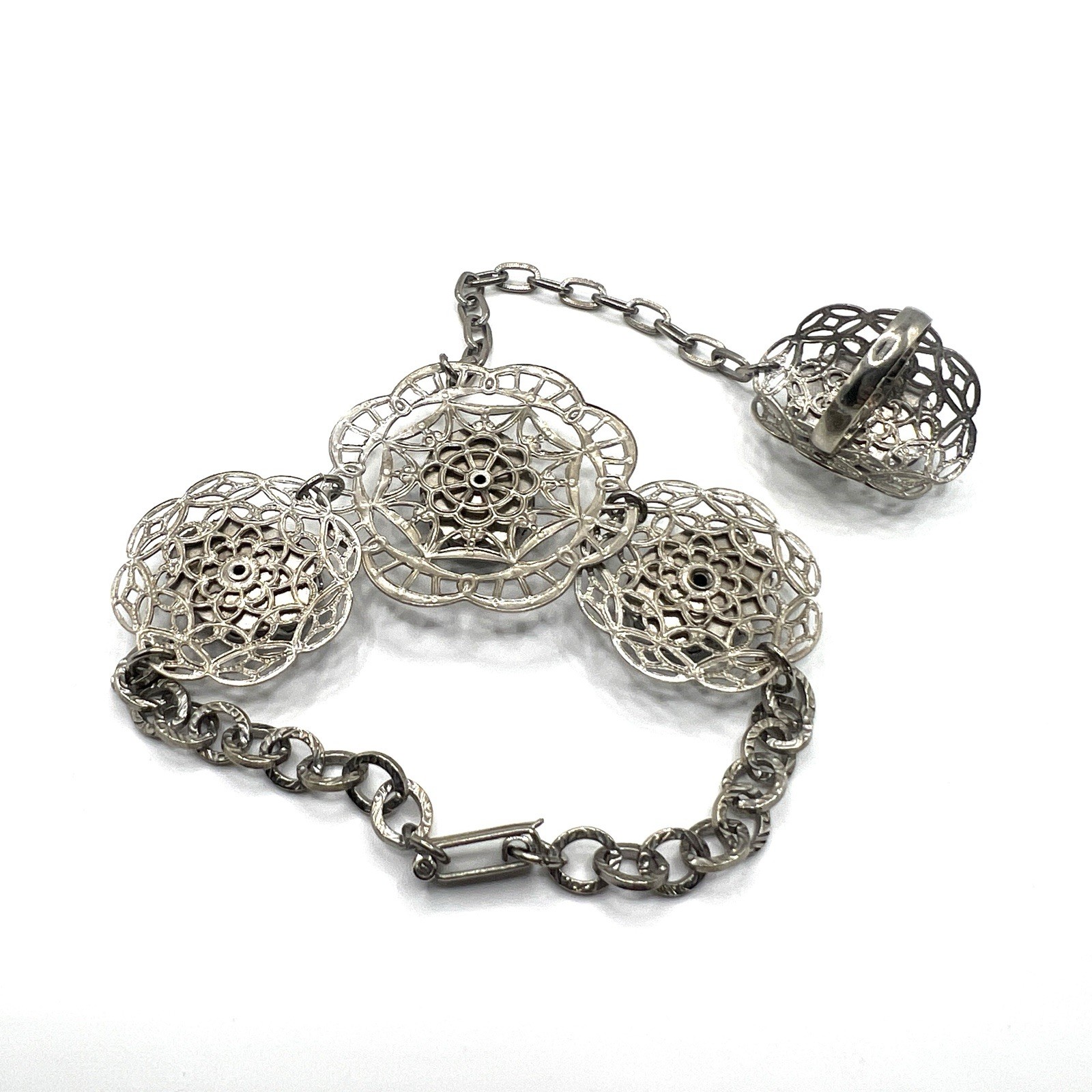 Adjustable Silver-Tone Filigree Blue Slave Ring Bracelet Gothic Boho