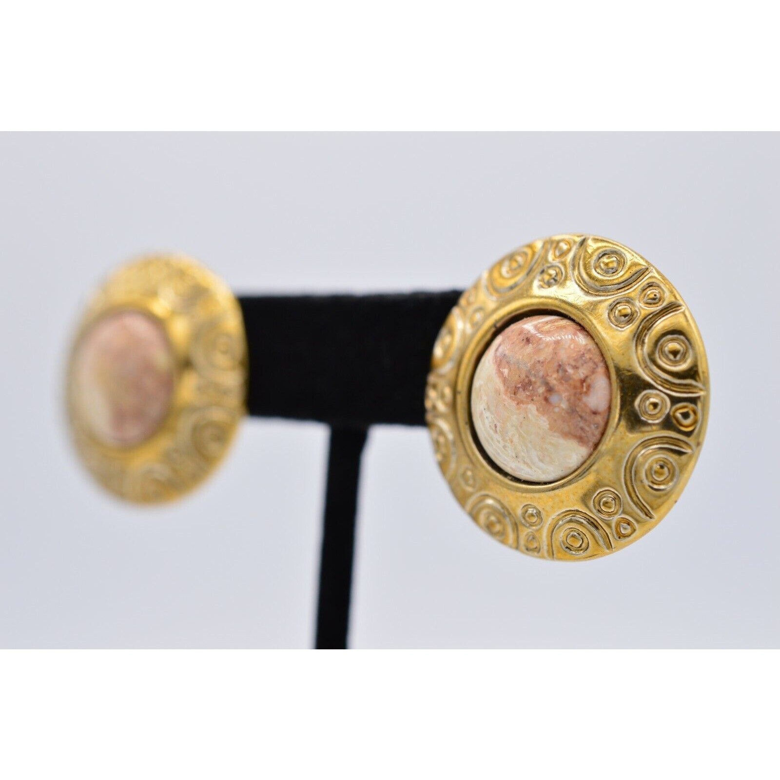 Vintage Earrings Marbled Faux Cabochon Lightweight Metal Chunky 1980s BinAF