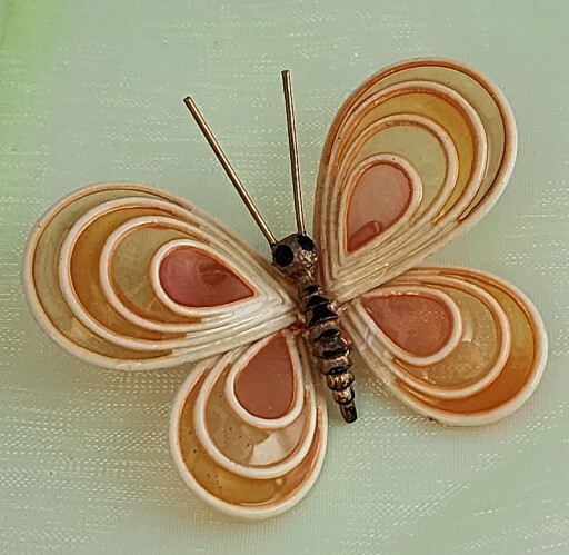 Vintage Orange Pink Woven Bamboo+ Resin Enamel Butterfly Brooch Pin~Figural Boho