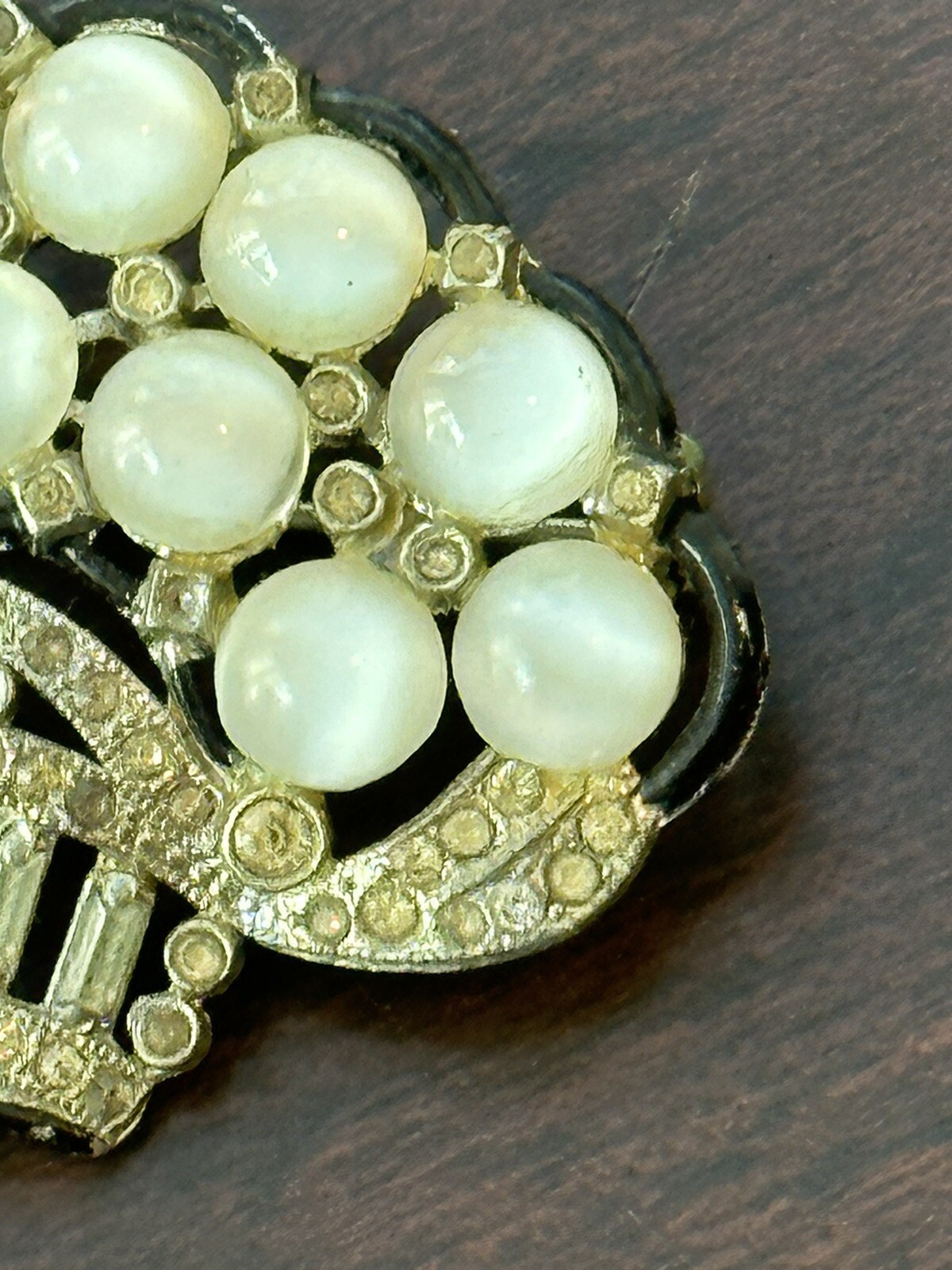 Vintage New England Glass Works Basket of Moonstone Flowers Art Deco Brooch Pin