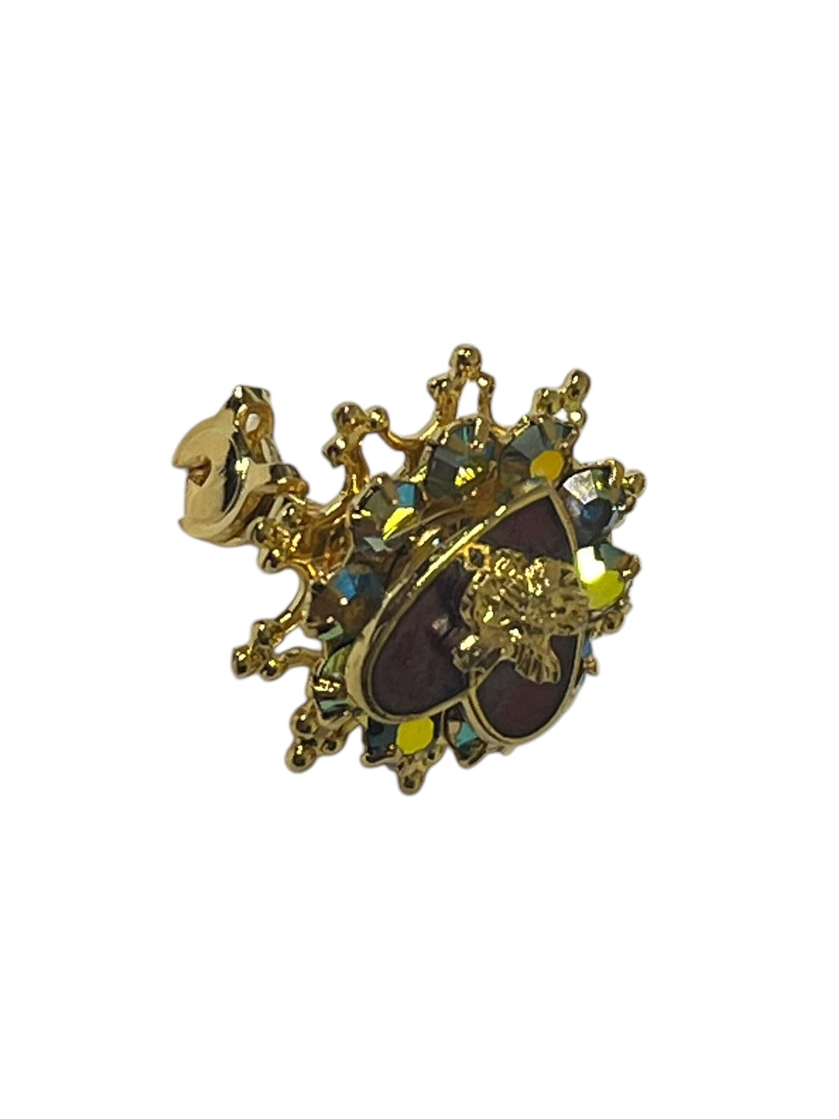 Vintage Gold Tone Red Heart Flower Rhinestone Brooch Pin Jewelry