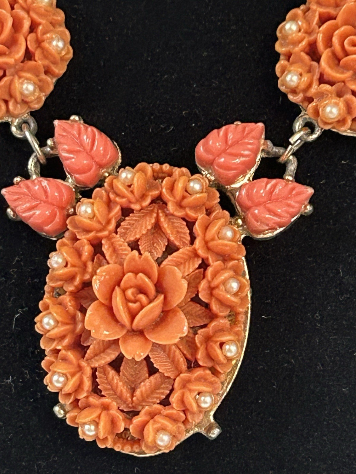 Romantic Circa 1920’s Art Deco Carved Flower Faux Coral & Seed Pearl Necklace