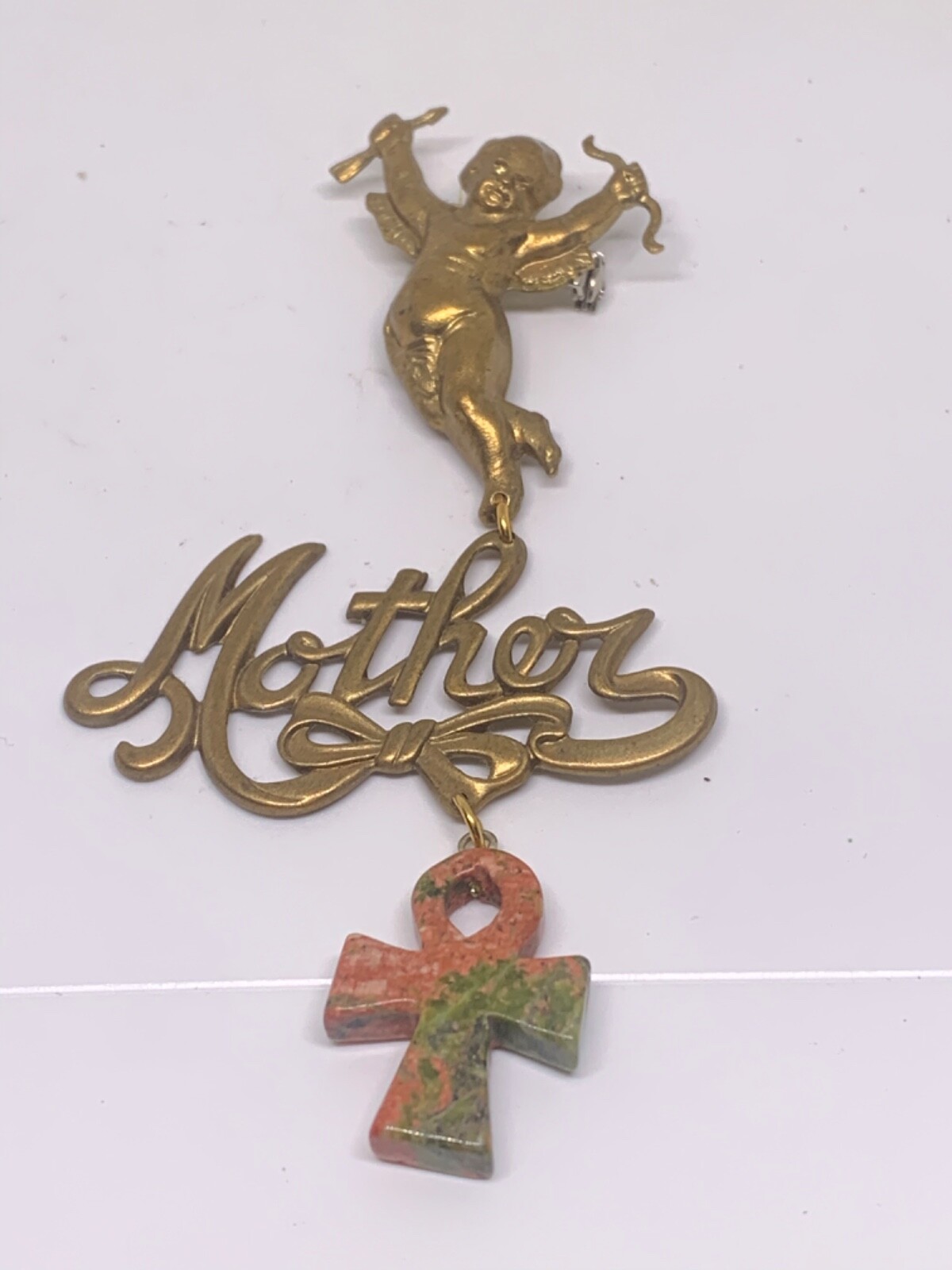 vintage one of a kind mother’s day brooch 3 part angel mother & anka cross