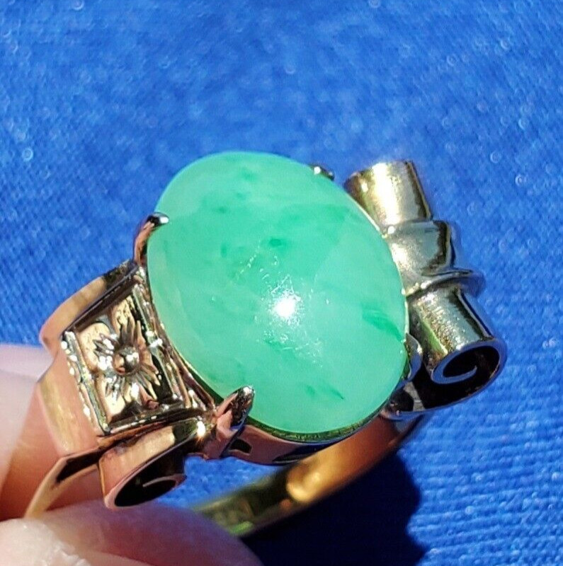 Original EARTH MINED Green Jadeite Jade Antique Engagement Ring SOLID 14K GOLD 8