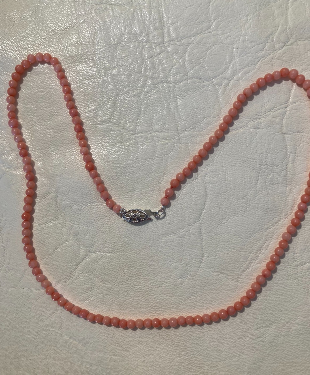Dainty Angelskin Coral Necklace, 3mm, 17.5″, Sterling Clasp