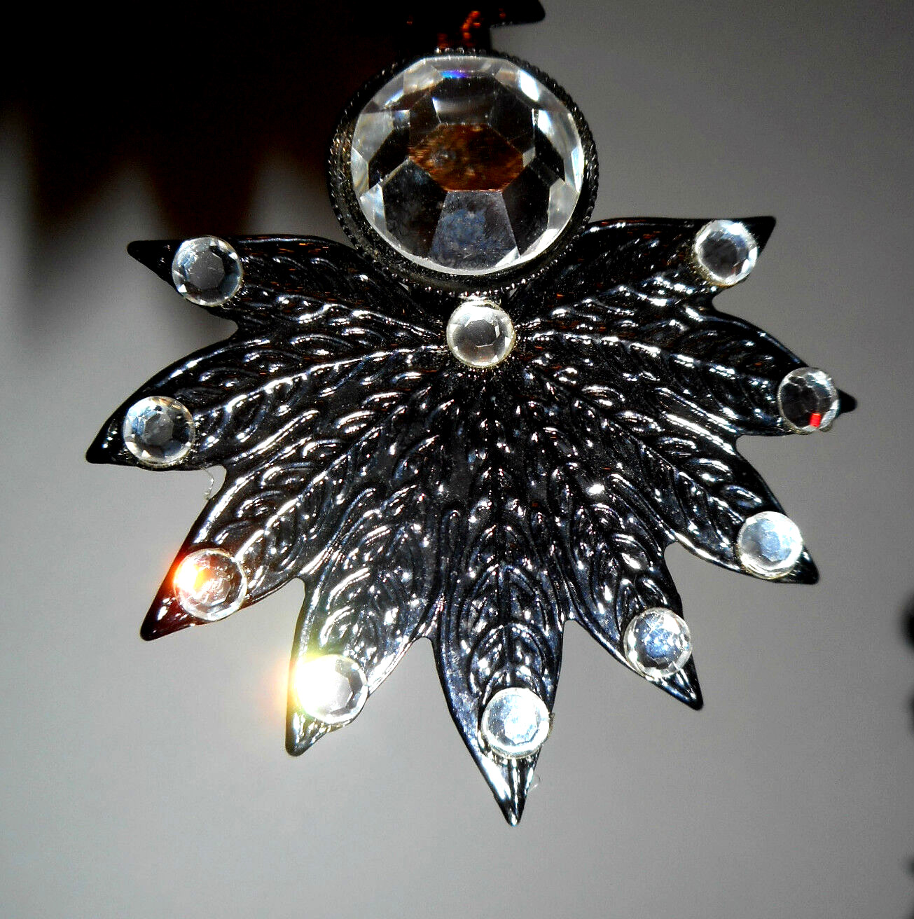 Leaf Shape Black Metal Stud Dangle Earrings with clear Stones 2 1/2″ Vtg Retro