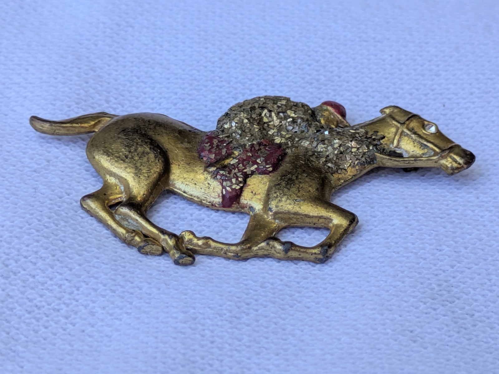 Antique Glass Glitter on Brass Race Horse & Jockey Brooch Pin C Clasp AS IS D92