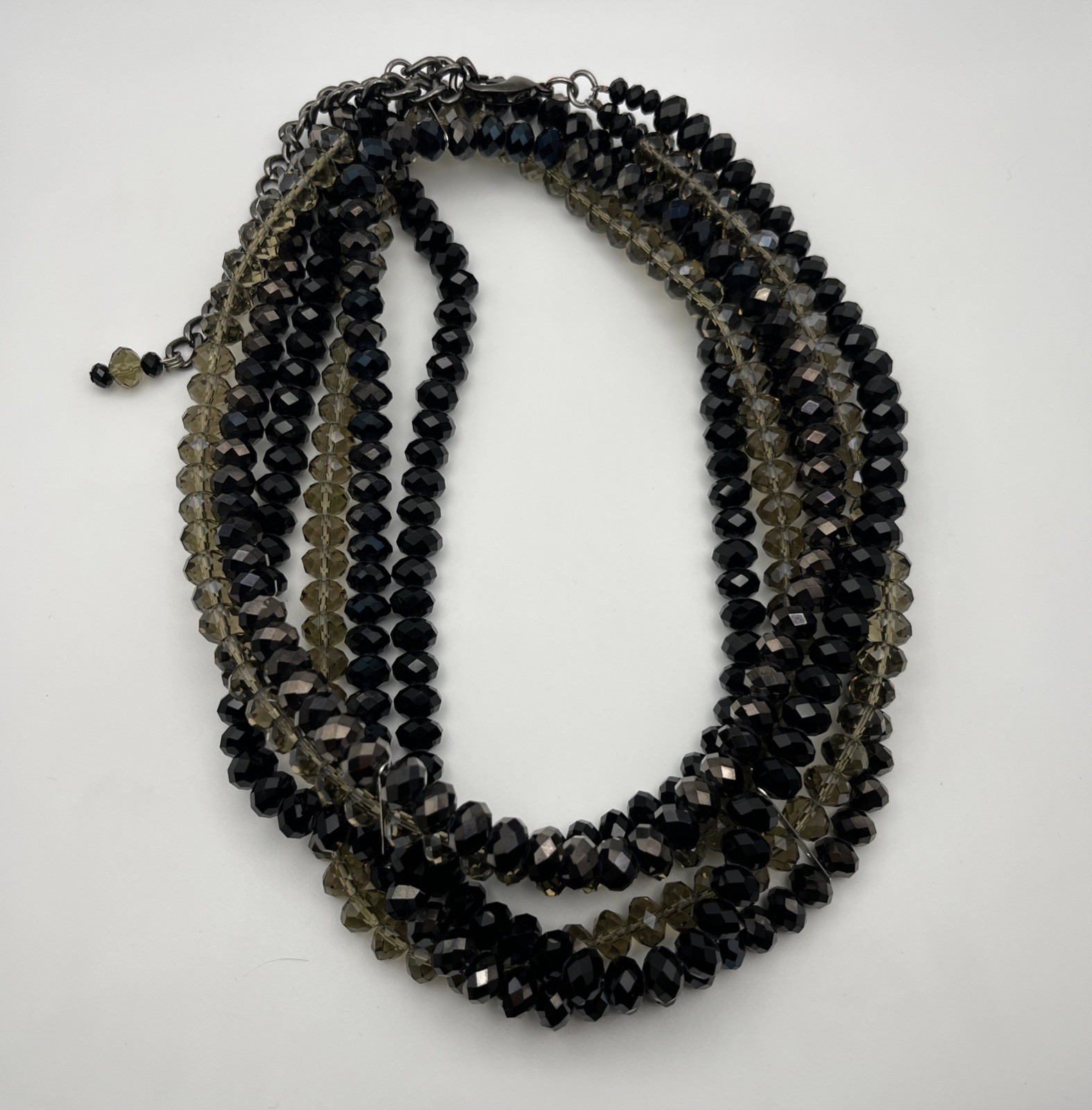 Faceted Beaded Statement Necklace Multi Strand Black Bronze Beige 40″