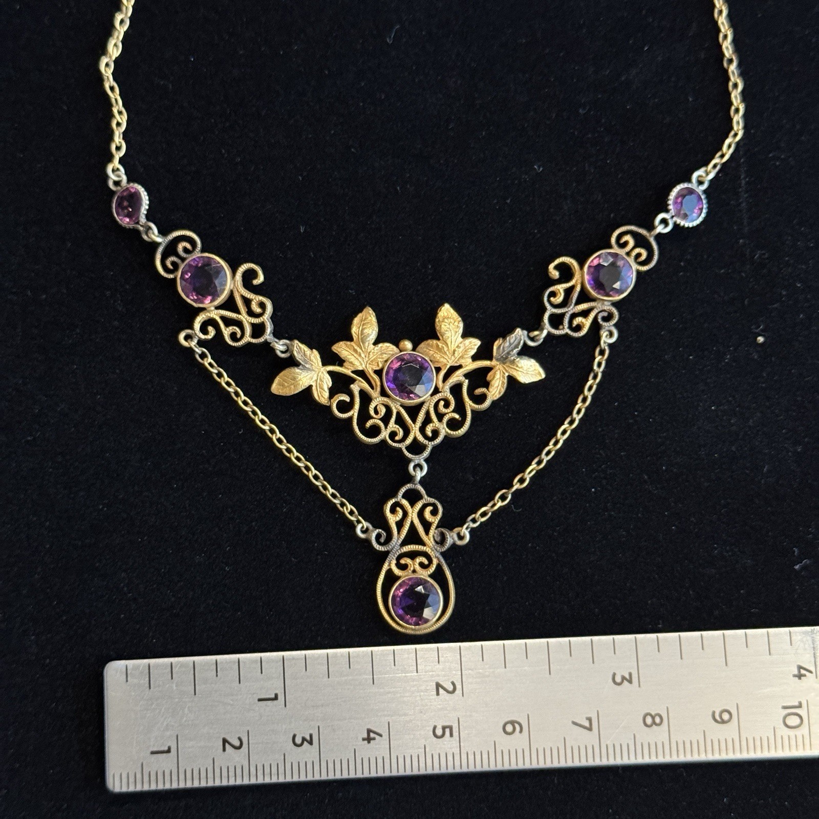 Vintage 12K GF Art Nouveau Revival Festoon Necklace Purple Glass Ivy Leaves