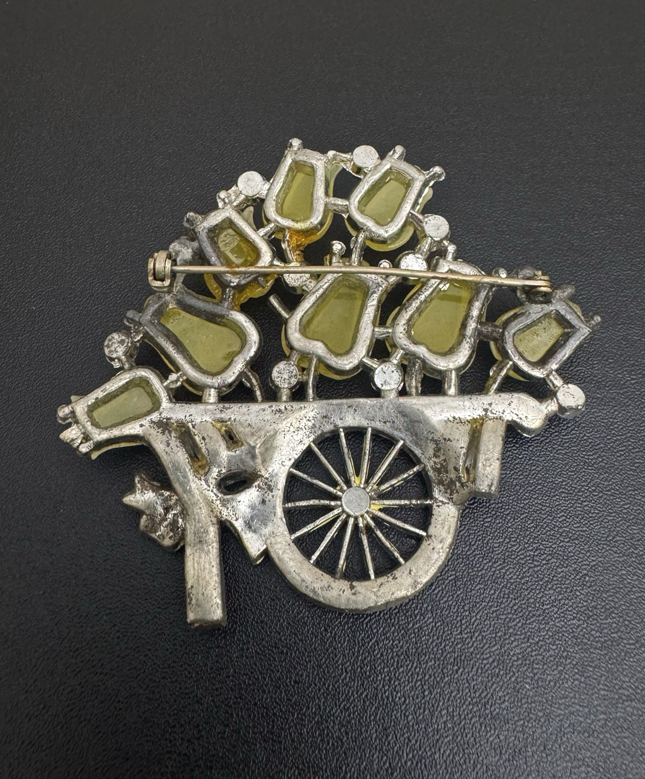 Vintage Costume Yellow Glass Fruit Salad Wheelbarrow Flower Brooch Pin