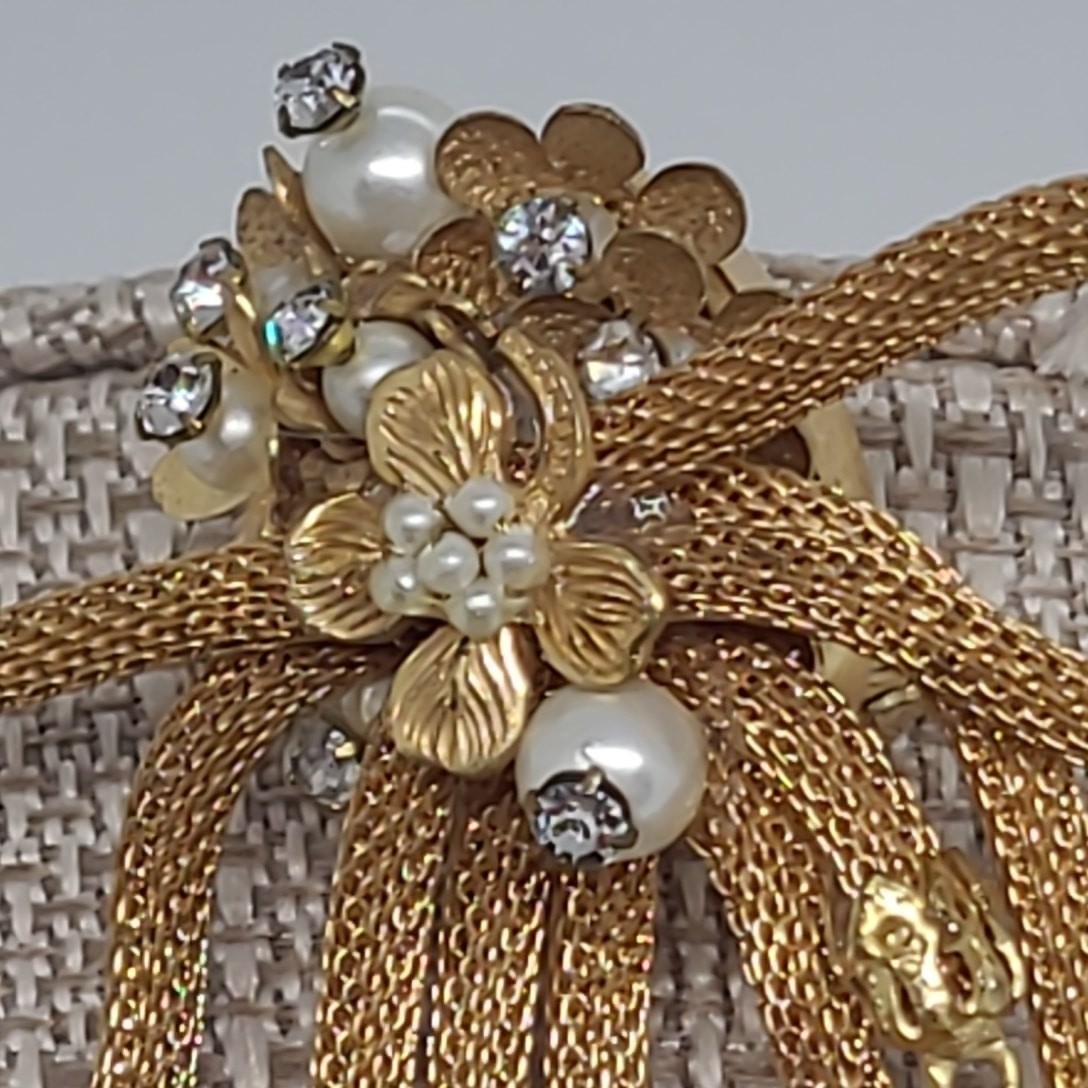 Vintage Mesh Brooch Gold Tone Pearl Rhinestone Tassel Crystal Dangle