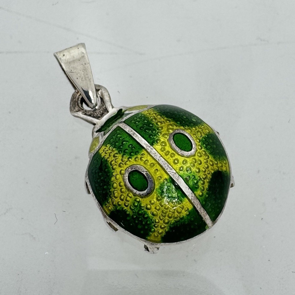 Sterling Silver 980 Bright Green Yellow Beetle Bug Pendant Signed A. Maya Mexico