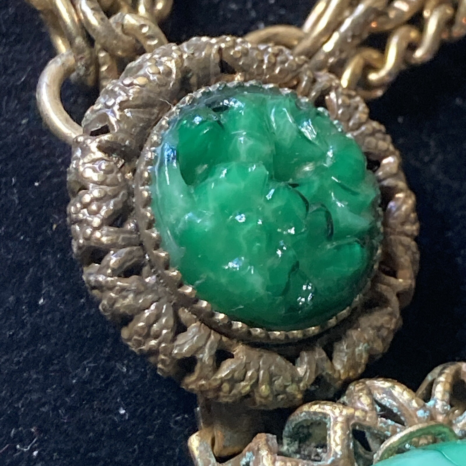 vtgAntq 3 Strand chains Art Deco 2 pendant Faux Jade molded Glass elegant detail