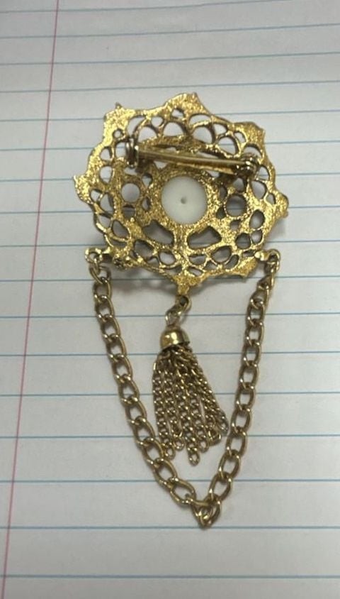 Vintage Ornate Gold Tone Filigree Brooch Faux Pearl Center Hanging Tassel Chain