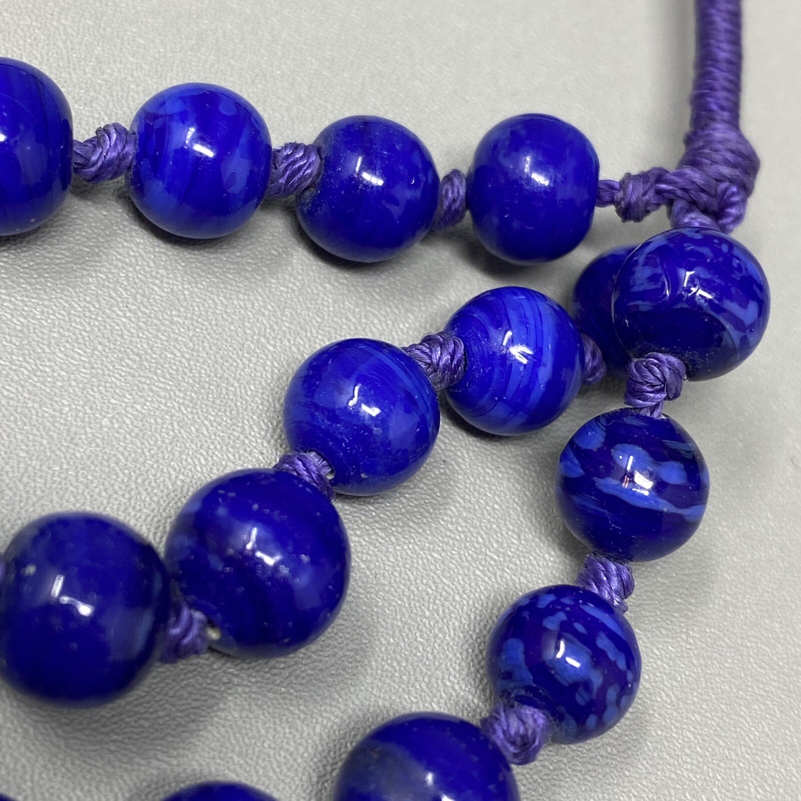 VTG Ceramic Bead Necklace Blue Marble Hand Knot Cord Chain Multi Strand Boho 21″
