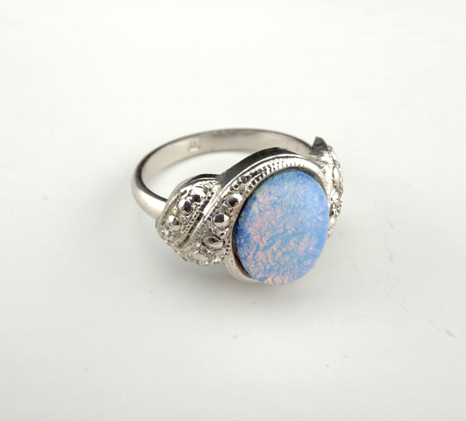 Vintage Silver Tone Faux Marcasite Blue Lab Opal Ring Size 7