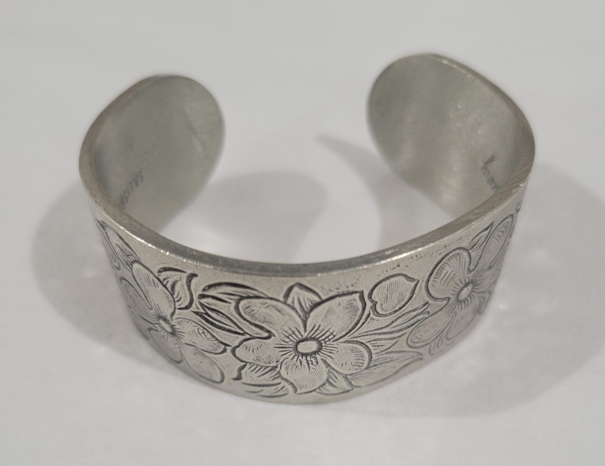 Signed Salisbury Pewter February Flower of the Month Cuff Bracelet EUC