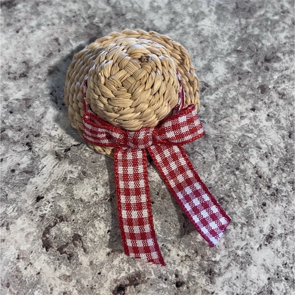 90s Vintage Round Woven Straw Brooch Pin with Red & White Gingham Ribbon Bow