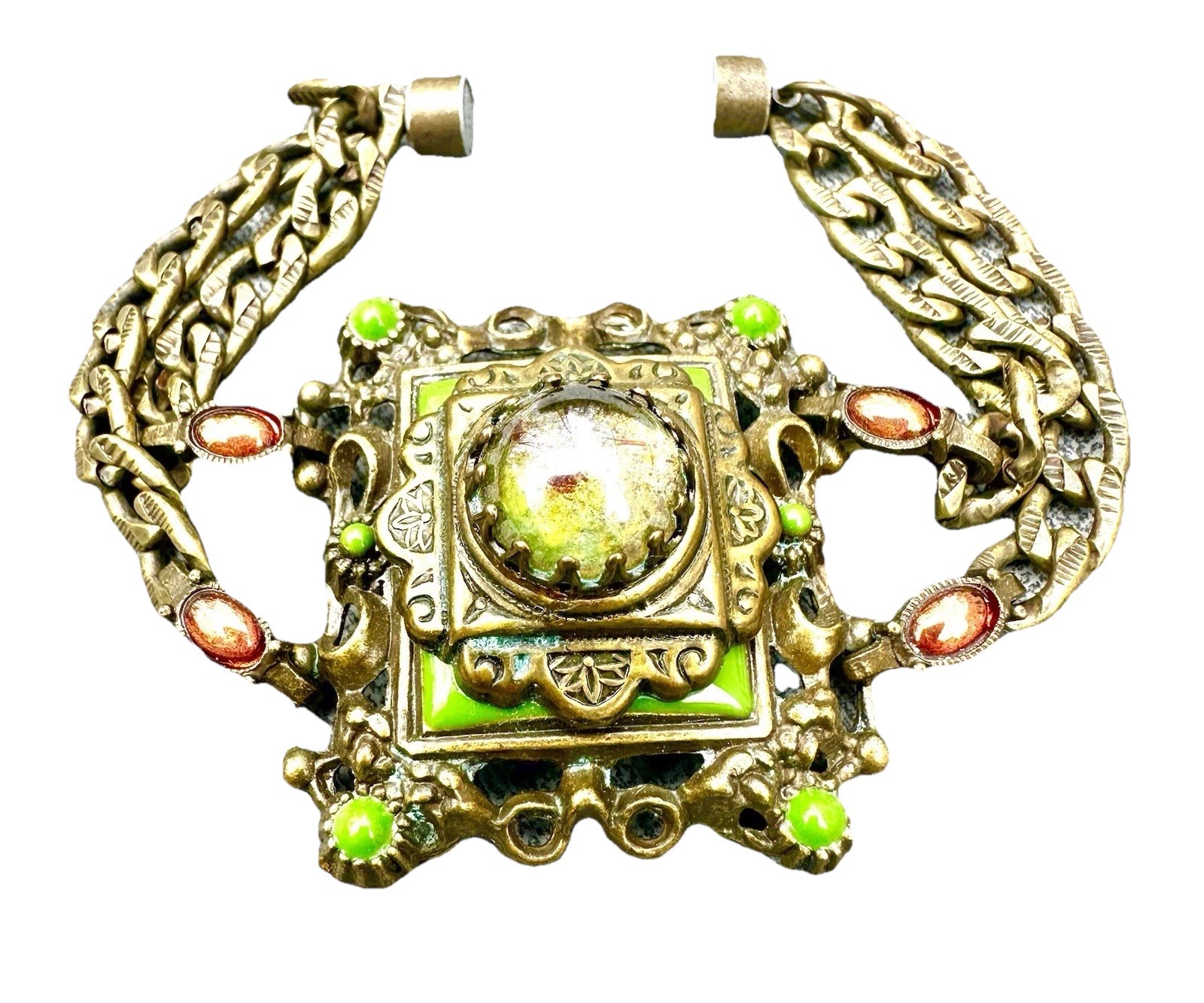 VTG Uranium Vaseline Glass Jewelry Bracelet Panel Cabachon Art Deco Style Czech