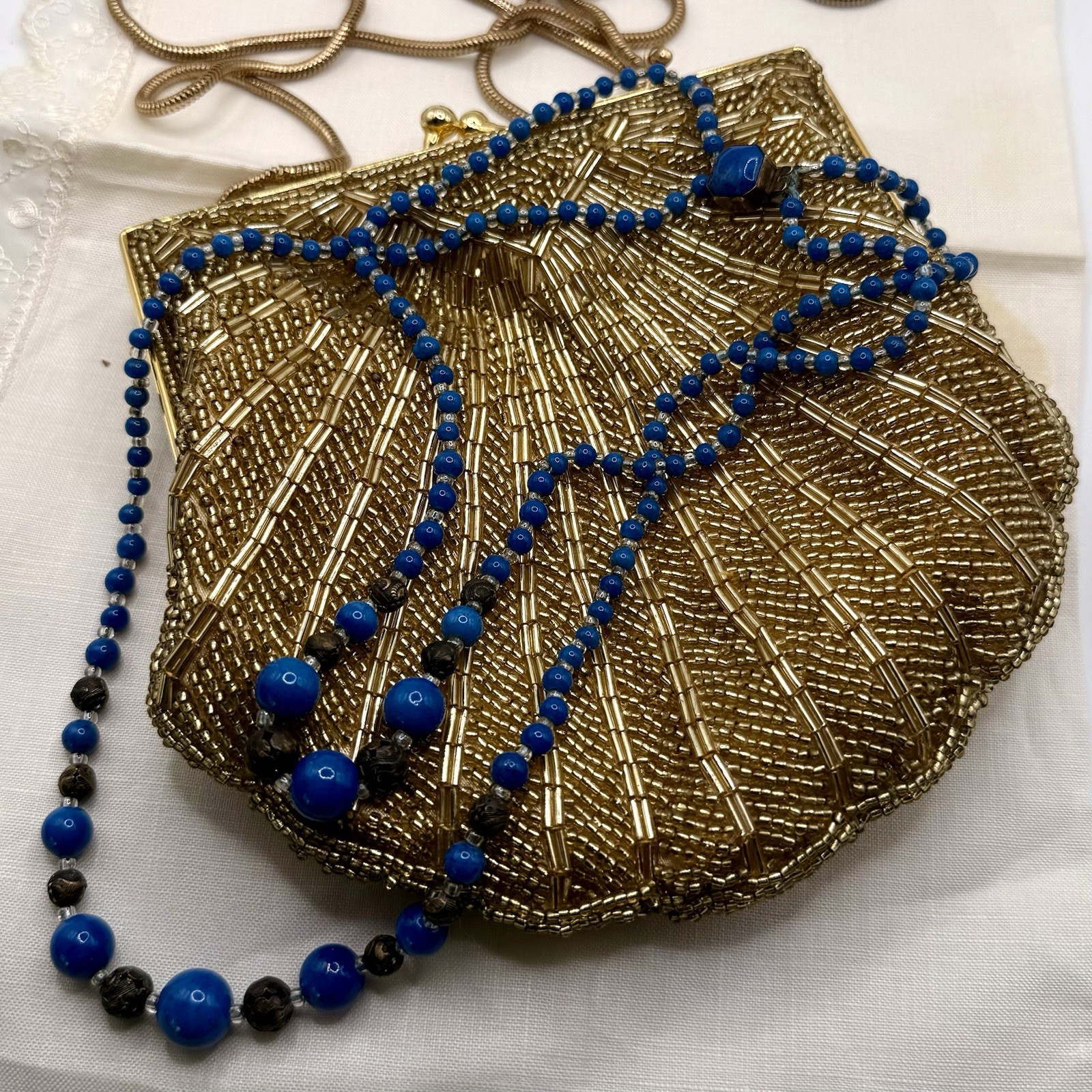 Art Deco Czech Blue Glass Double Strand Necklace Filigree Beads 19”
