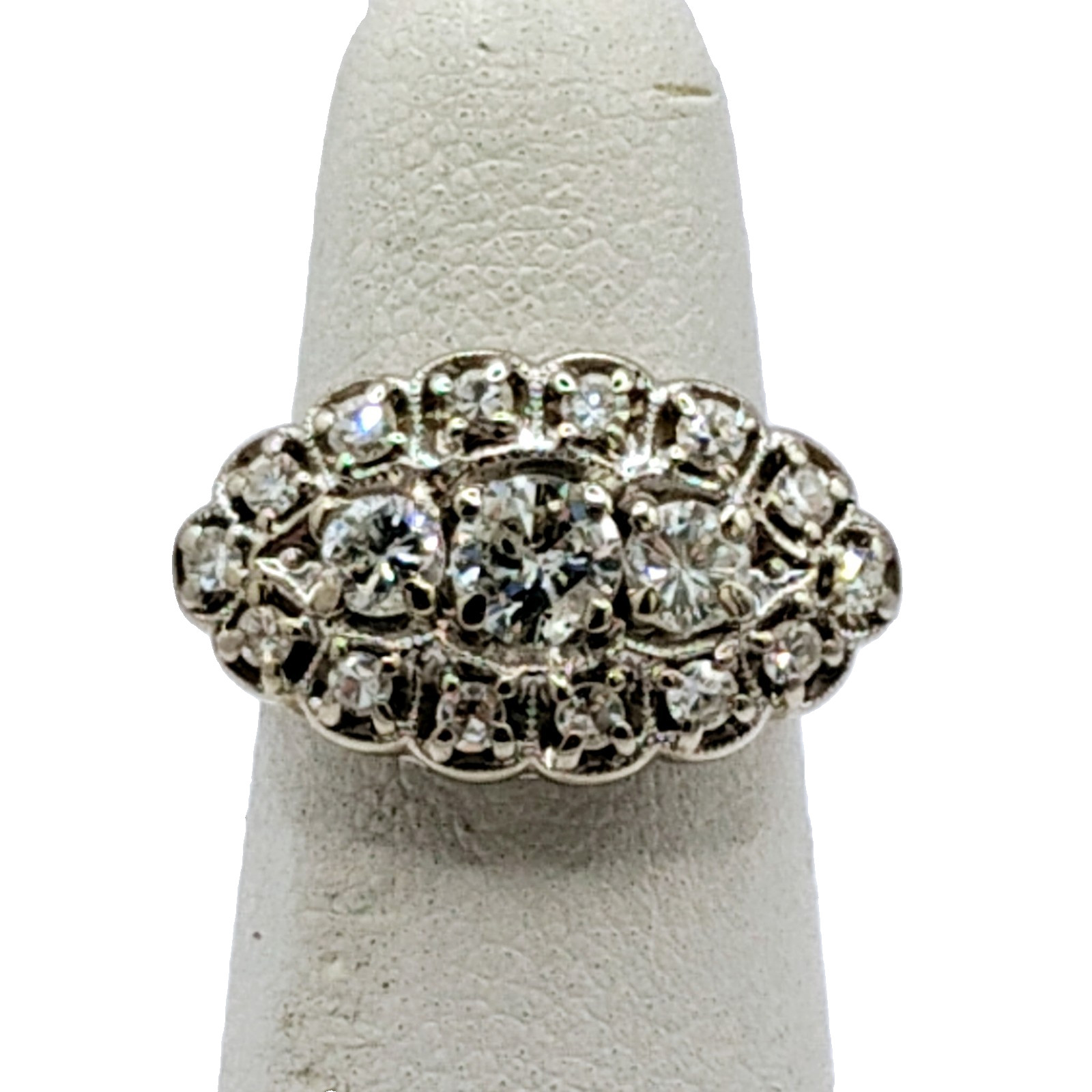 $7,500 1.00ctw ANTIQUE 3-STONE HALO WOMANS 14K WHITE GOLD THREE ROW DIAMOND RING
