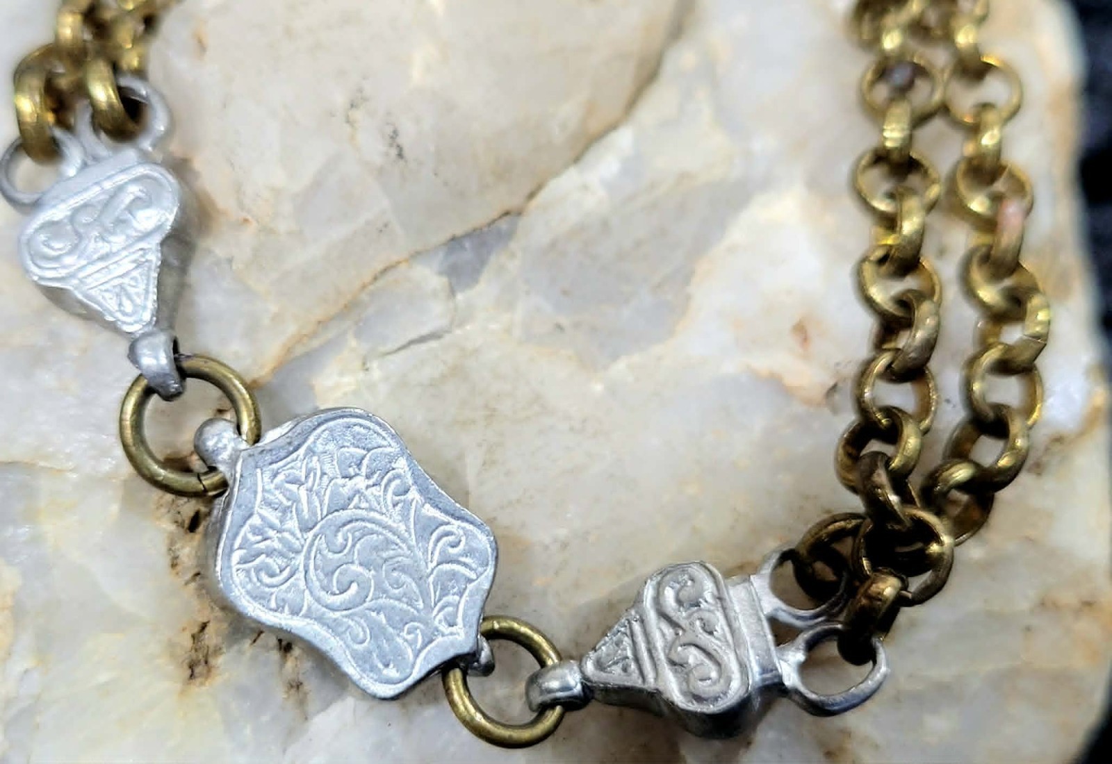 Antique Victorian Double Strand Albertina Bracelet Brass & Silver Tone Belcher