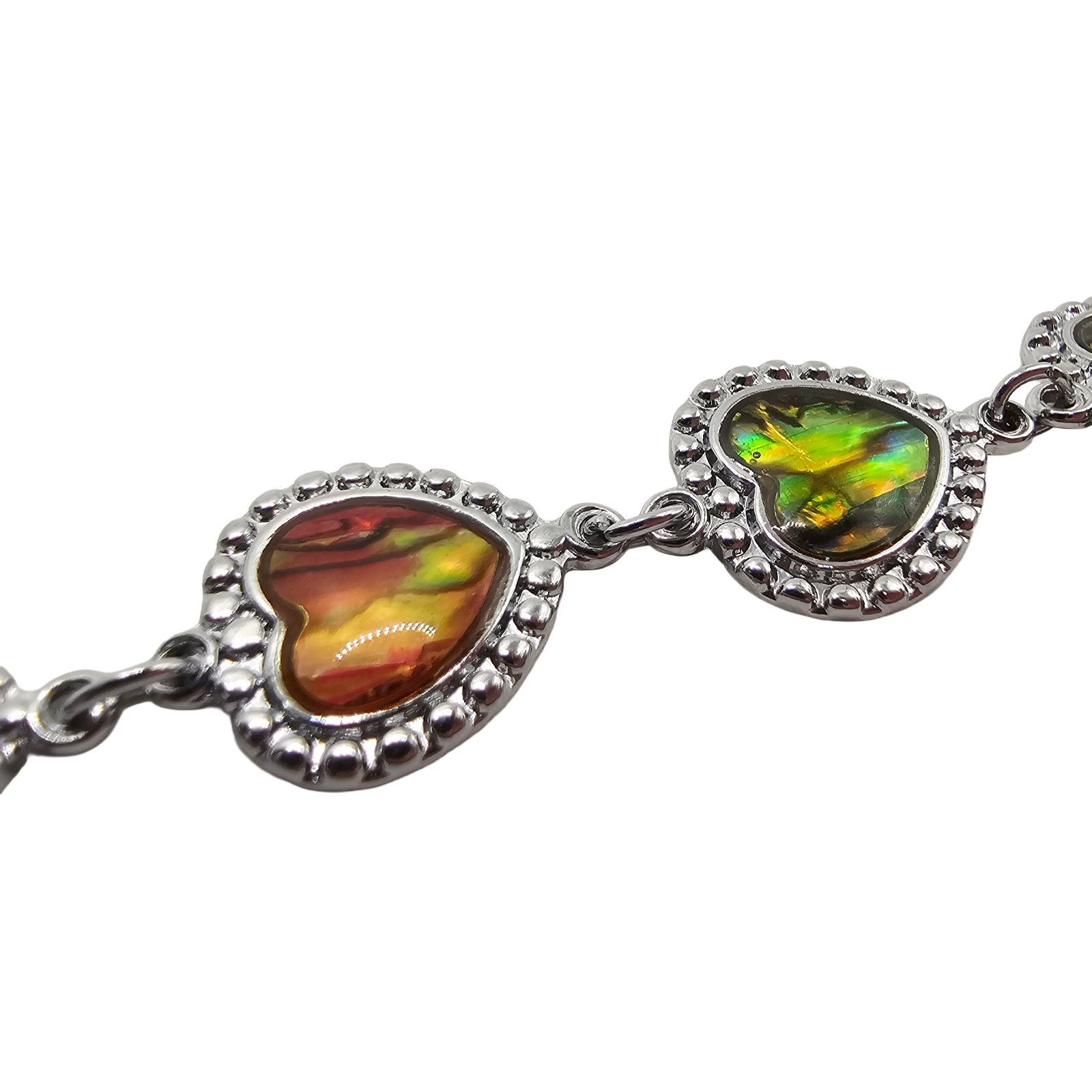 Vintage Abalone Paua Shell Heart Link Bracelet Silver Tone Iridescent Boho MOP