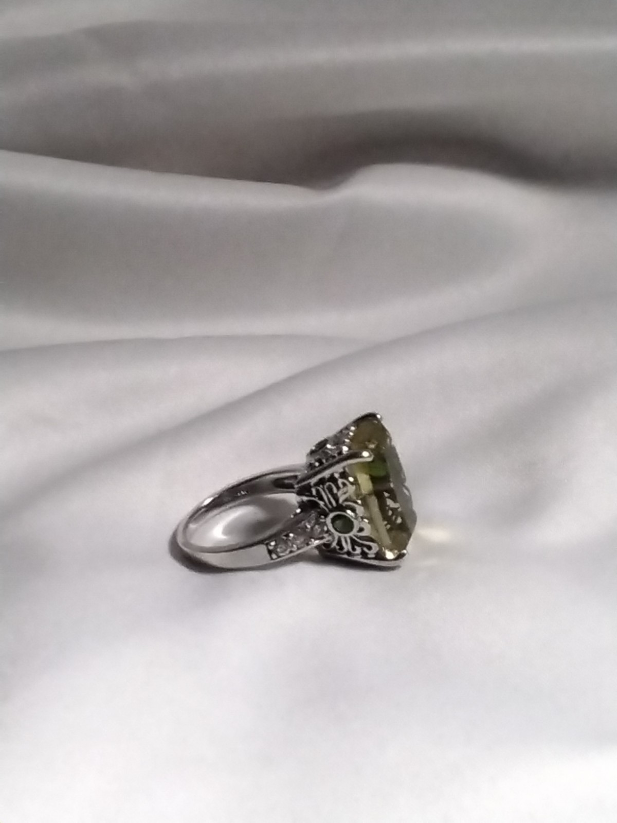 Vintage Lg. Pale Citrine Cushion Cut RING With Ornate Sterling Band Size 7.75