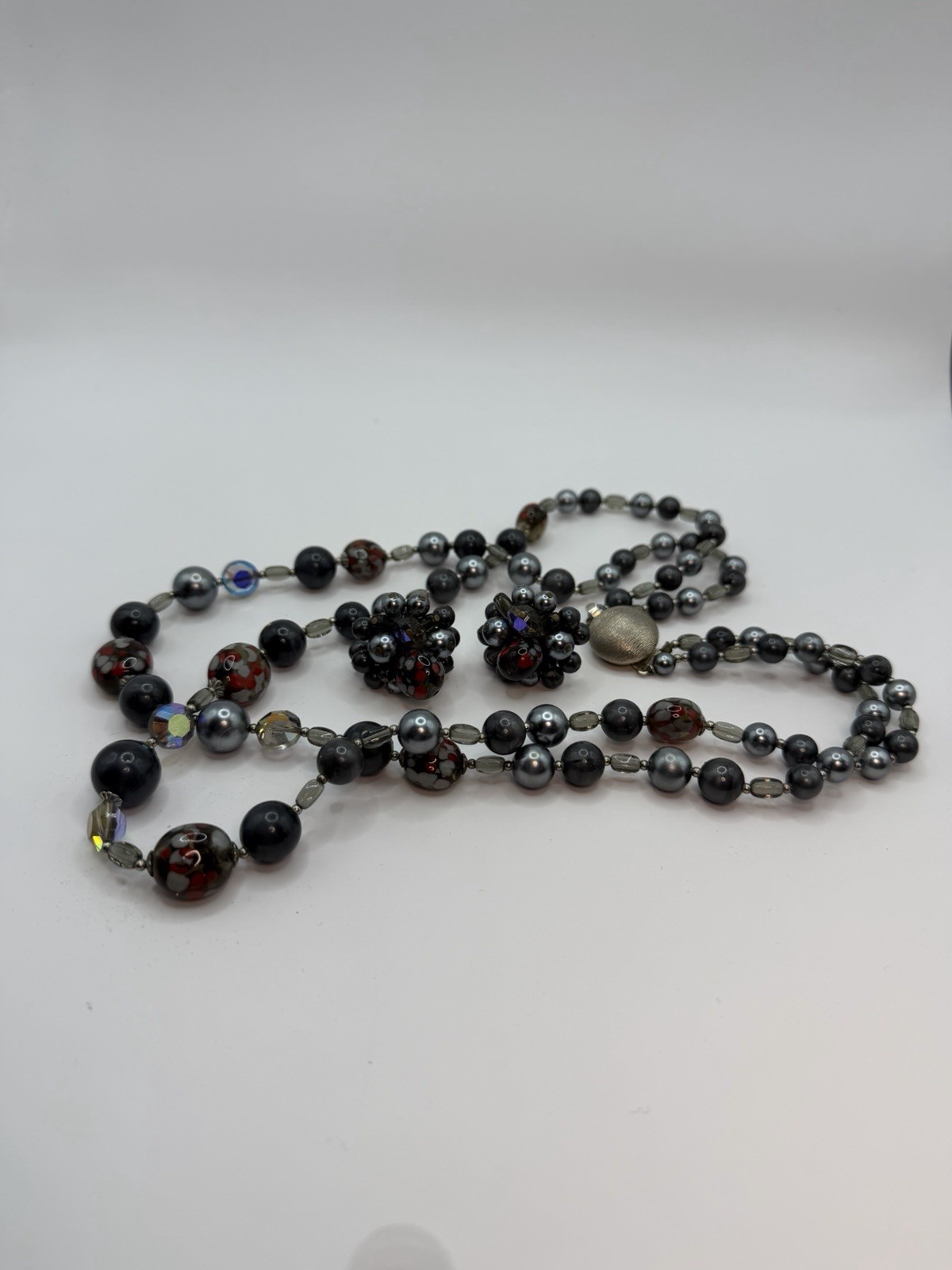 Vintage Art Glass & Faux Pearl Two Strand Necklace & Earrings Gray Black Red AB