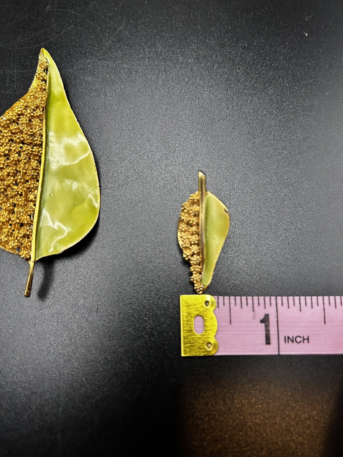 Vintage BSK Lime Green Enamel Leaf Brooch & Clip On Earrings Set