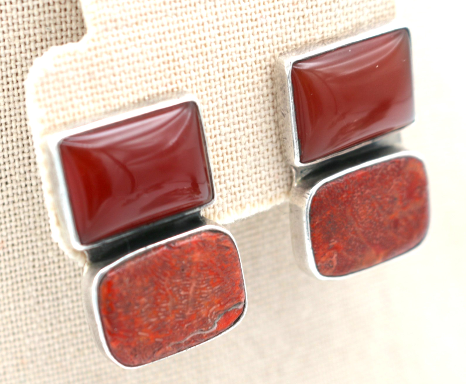 Vintage AMY KAHN RUSSELL AKR Sterling Silver Red Carnelian Sea Bamboo Earrings