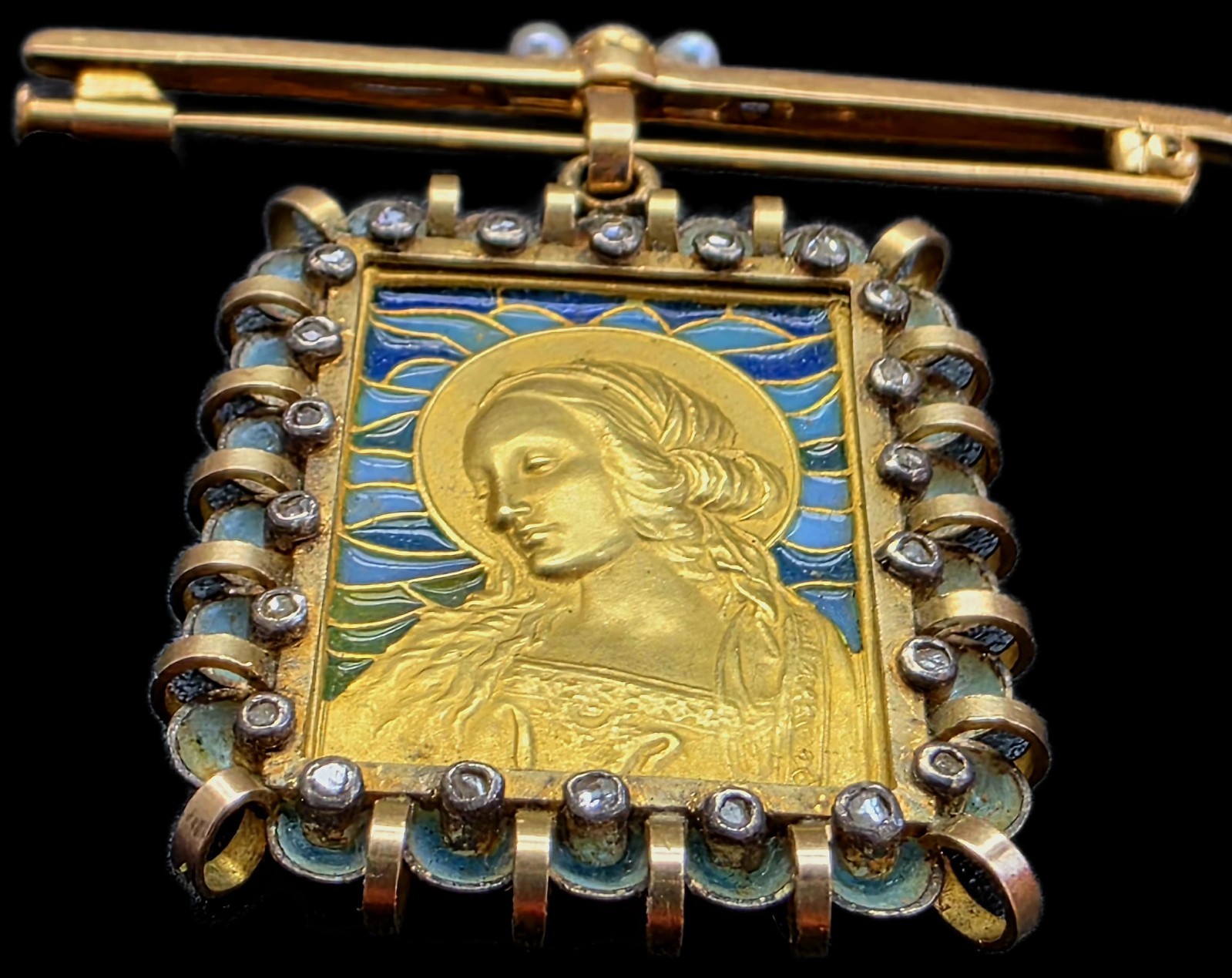 Fine Antique Art Deco 18K Gold Plique a Jour Virgin Mary Pendant Brooch C 1930