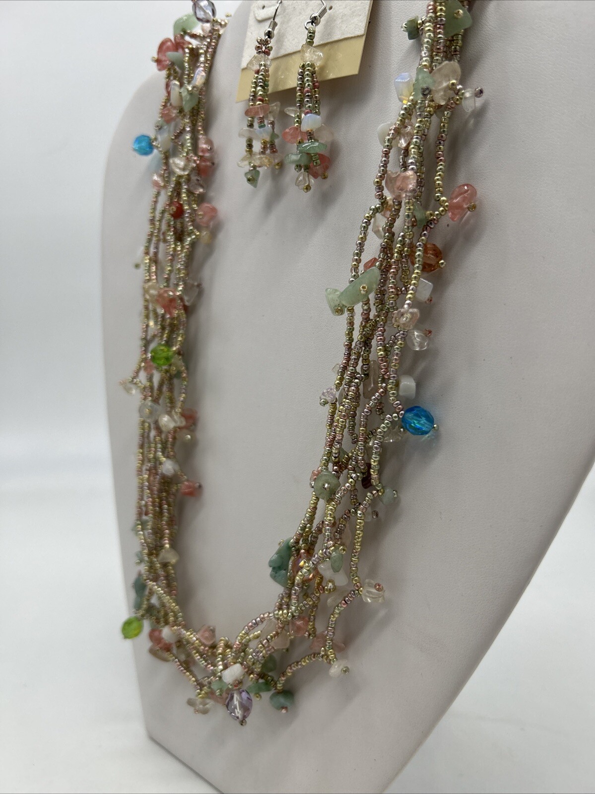 VTG Multicolor Cascade Necklace Woven Bead Crystals w/ 925 Earrings – Guatemala