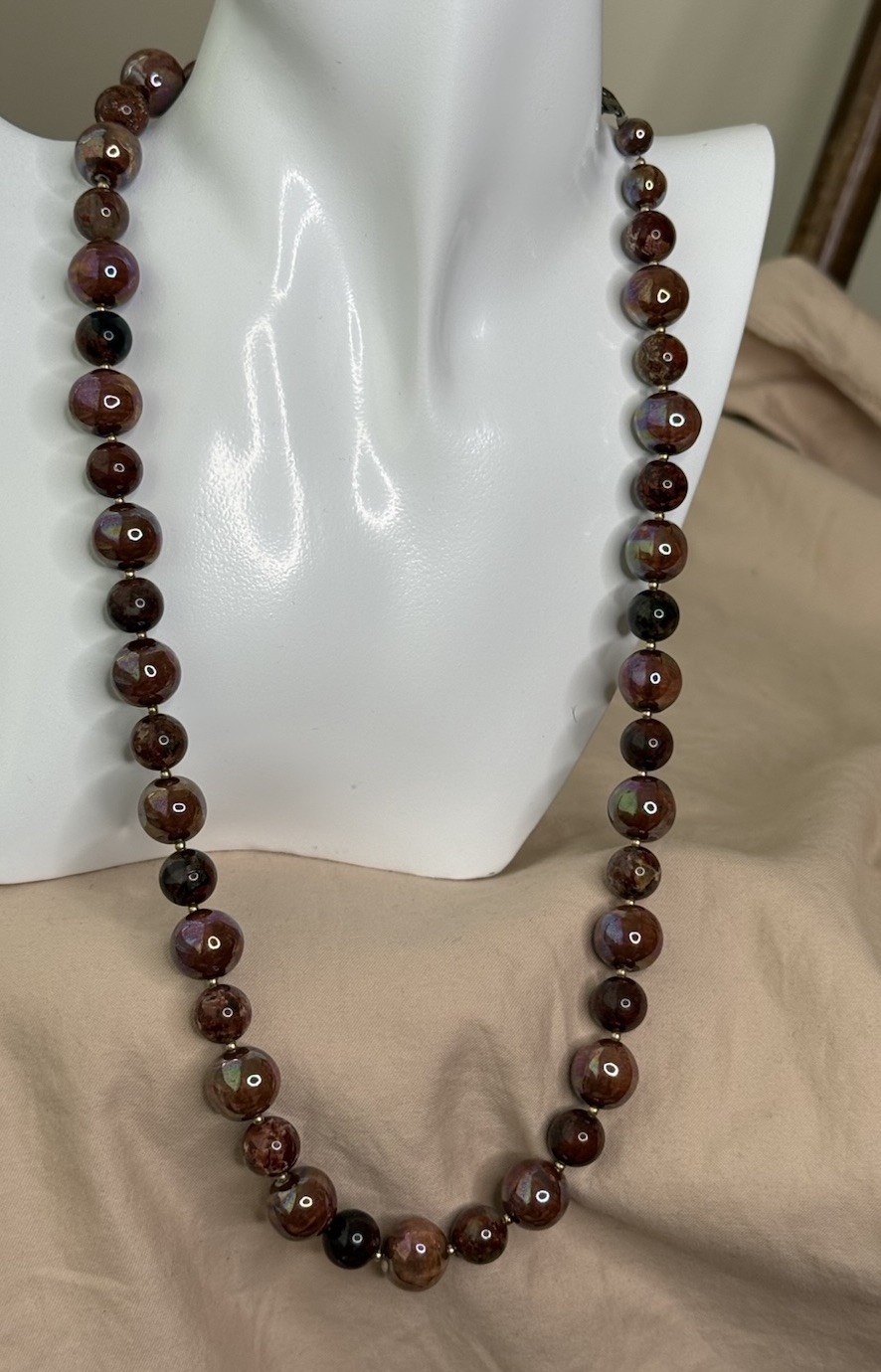Vintage Graduated Marbled Bead Necklace Brown Red Iridescent 24” USA Pat
