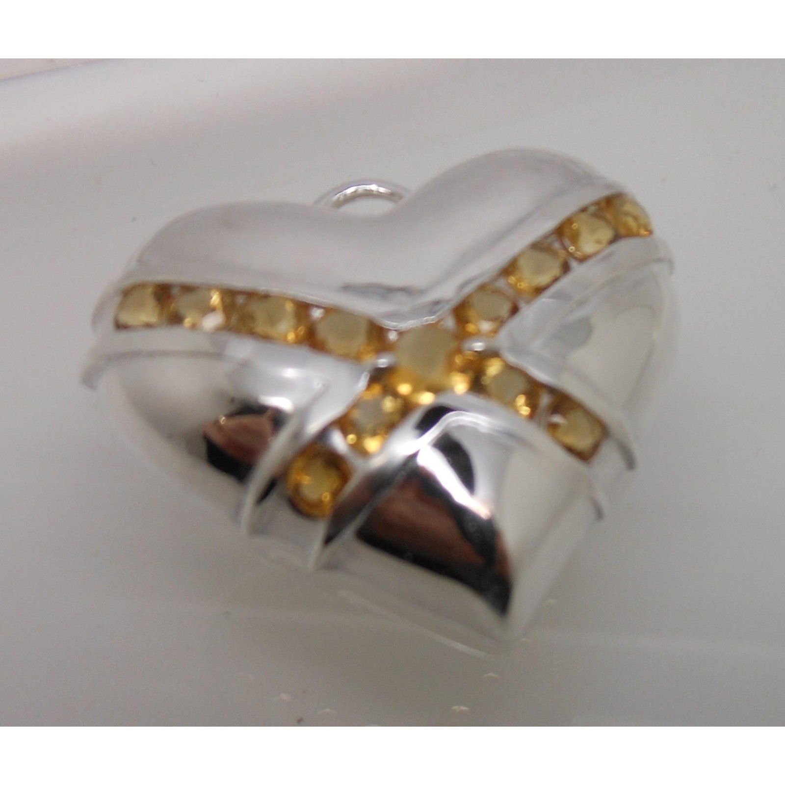 1990s Vintage Citrine Sterling Silver Gemstone Necklace Puff Heart Pendant Boxed