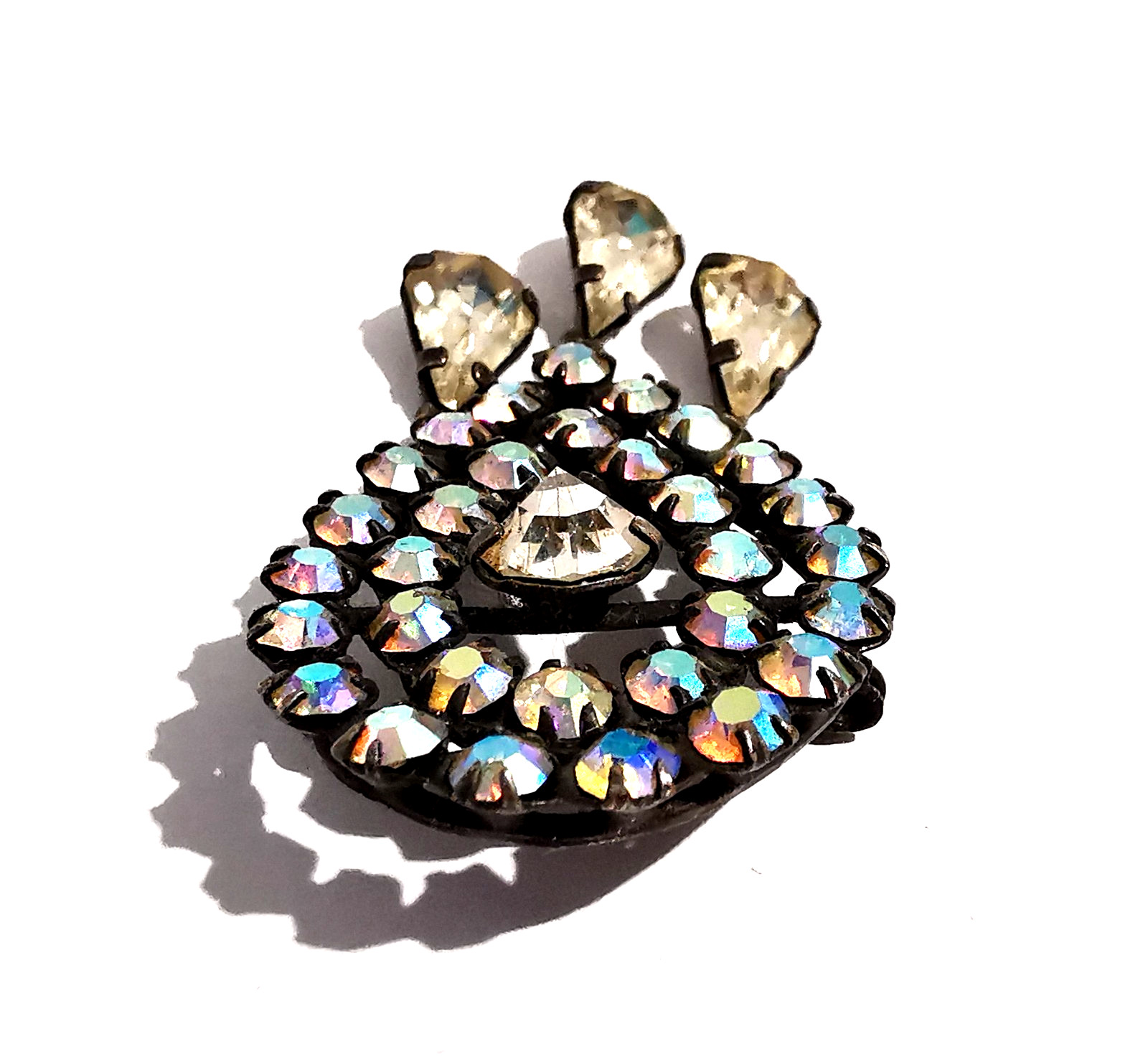 Vintage Czech Brooch Aurora Borealis Three Pendants and Centre Clear Glass